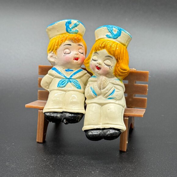 Vintage Salt and Pepper Shakers Sailors Girl Boy Plastic Uniform on Bench Stand - Picture 1 of 6